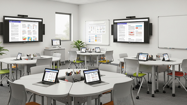 Salón de clase moderno, con mesas y pantallas