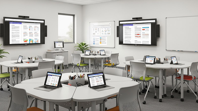 Salón de clase moderno, con mesas y pantallas