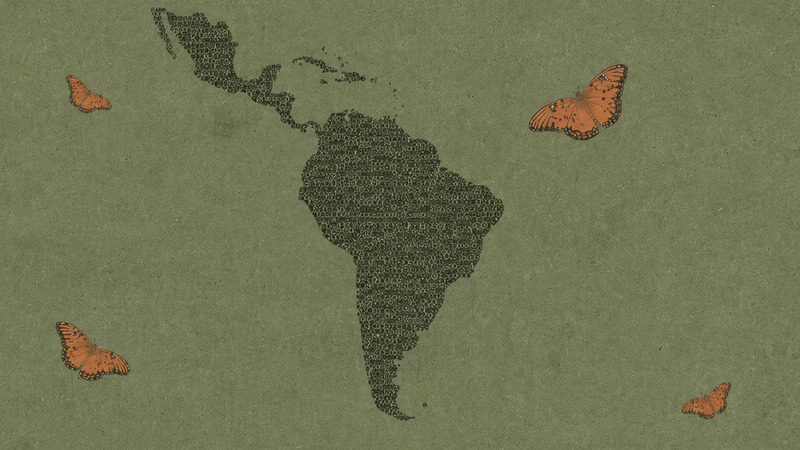 Paisaje de Am&eacute;rica Latina con mariposas monarca.