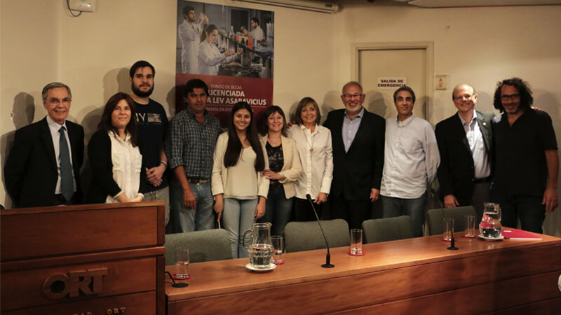 *Meyer and Vanoli, the scholarship recipients, with their families, ORT officials, and Sandra Lev’s family.*
