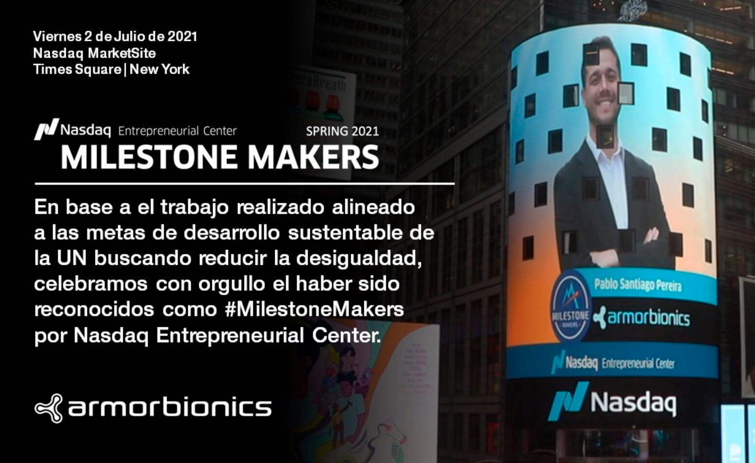 Pablo Pereira, co-founder of Armor Bionics, graduated from the Nasdaq Entrepreneurship Center