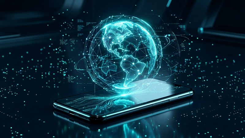 Digital illustration of a cell phone on a dark surface, with a globe made up of turquoise-colored digital connections.