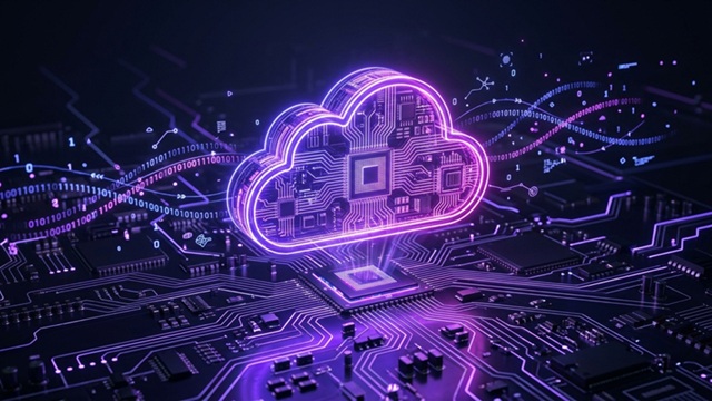 Digital illustration of a glowing, violet-colored "tech cloud" on an electronic circuit board.