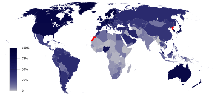 *Penetración web mundial: Número de usuarios de Internet en el mundo como porcentaje de la población de cada país en 2015 (último registro)*.