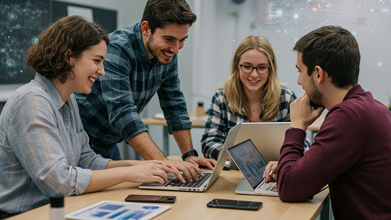 Grupo de docentes trabajando con herramientas digitales