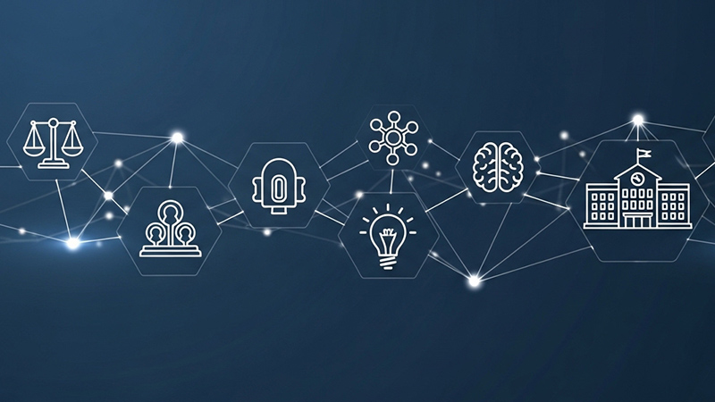 Imagen con iconos relativos al congreso: justicia, univerisdad, conexion