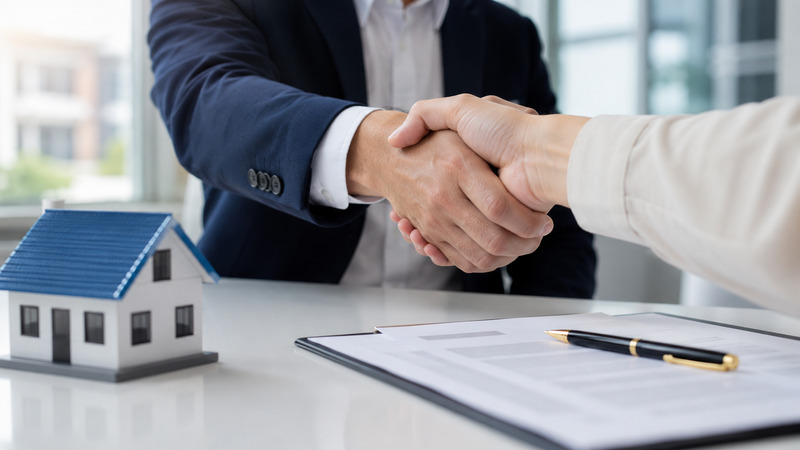 Operador inmobiliario estrechando la mano de un cliente