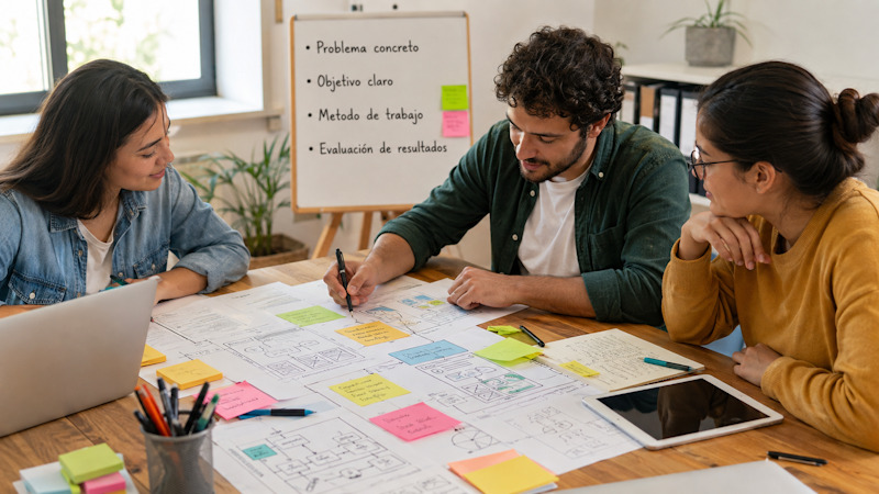 Estudiantes planificando un proyecto científico o tecnológico a partir de una idea escolar.