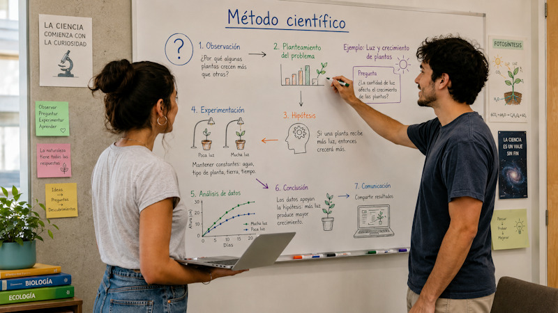 Estudiantes explicando los pasos del m&eacute;todo cient&iacute;fico mediante un ejemplo pr&aacute;ctico.