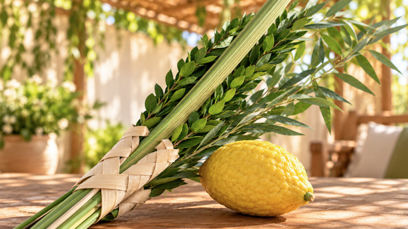 * Representación de los cuatro elementos vegetales de Sucot: palmera, mirto, sauce y cidra.