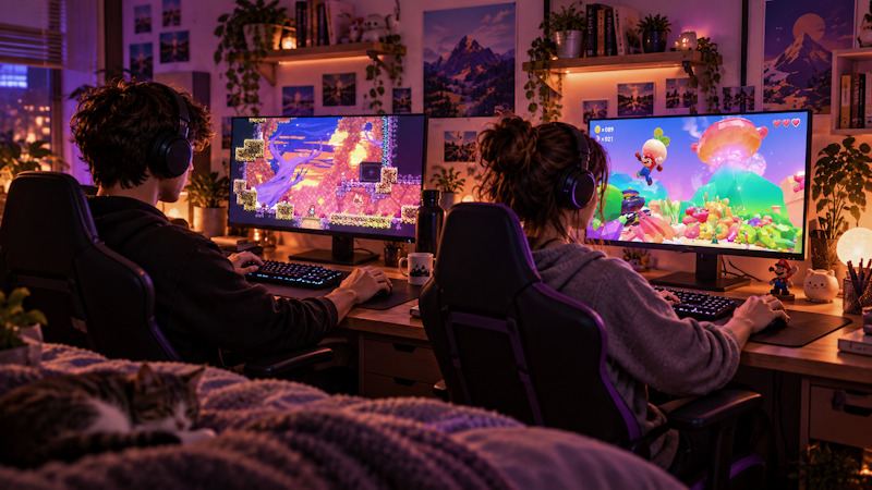 *Celeste (Maddy Makes Games) y Super Mario Odyssey (Nintendo). Montaje realizado con IA a partir de capturas de los juegos.